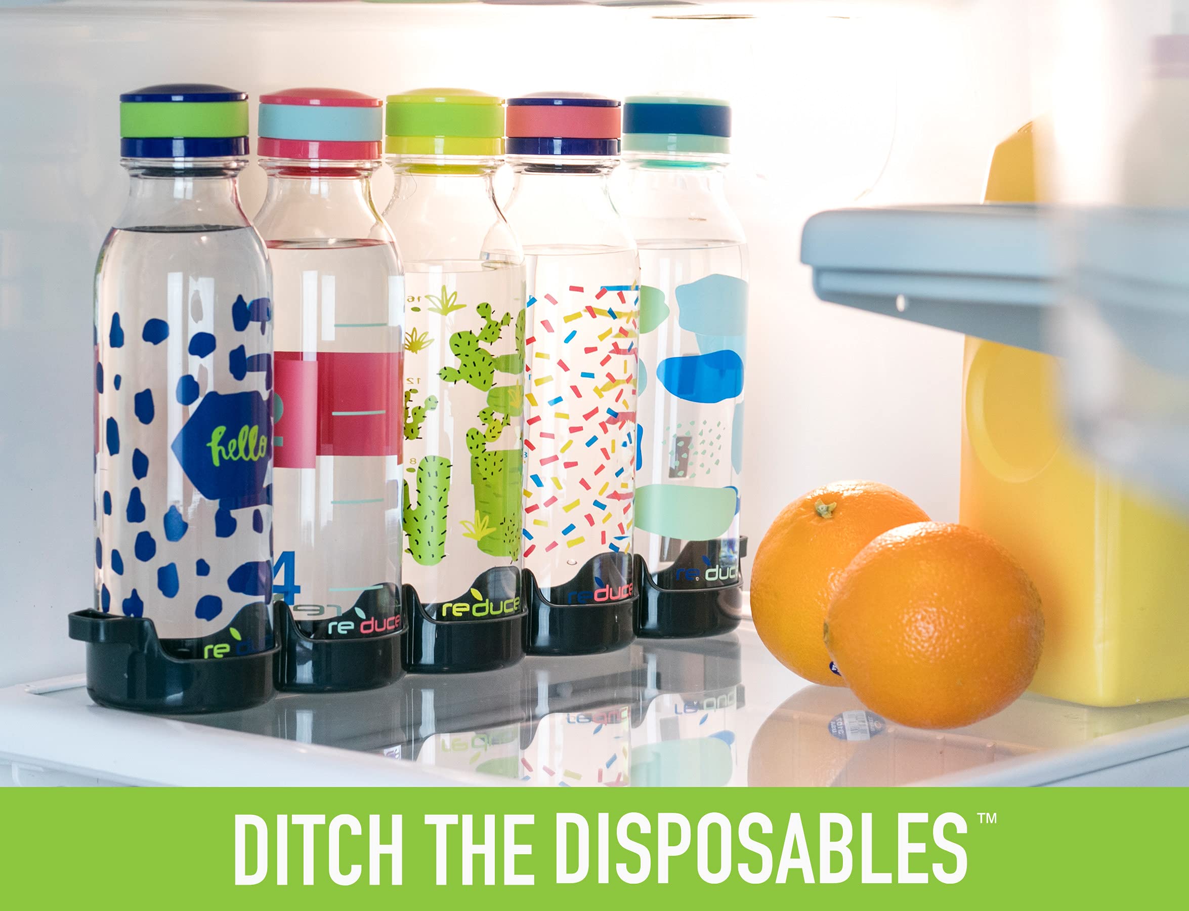 REDUCE WaterWeek Reusable Water Bottle Set  20oz - Plastic Reusable Water Bottle Set of 5  Plus Fridge Tray - BPA-Free  Leak Proof Twist Off Cap - Score